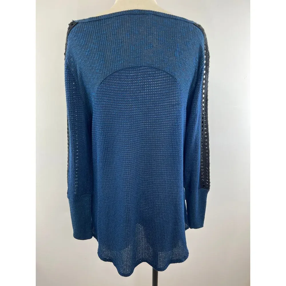 Soft Surrounding Bailey Sweater Blue Waffle Knit Lace Trim Petite Medium PM M